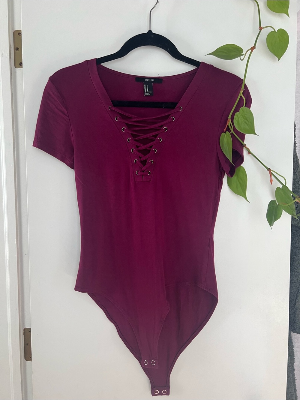 Forever 21 Burgundy Lace-Up Short Sleeve Bodysuit